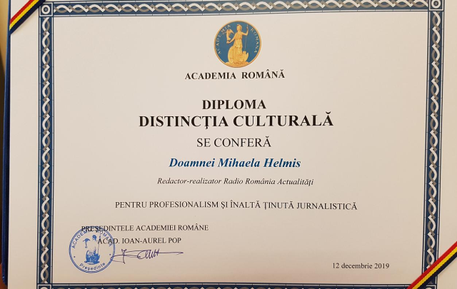 Distincţia Culturală a Academiei Române jurnalistei Radio România Actualităţi Mihaela Helmis