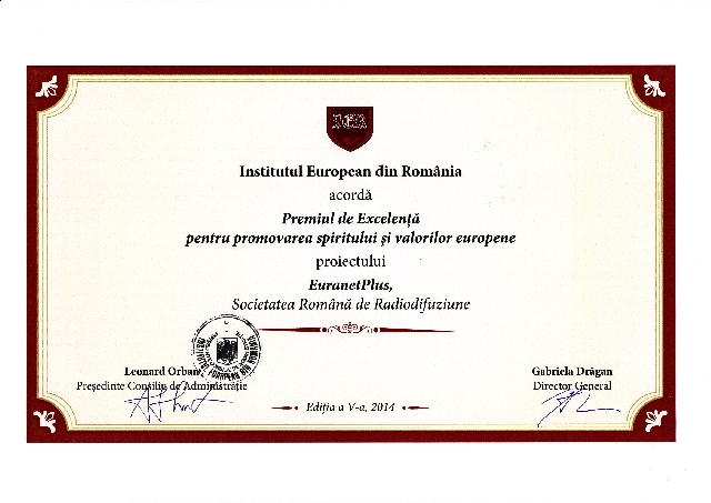 2014 Excellence Award for Radio Romania for the EuranetPlus project