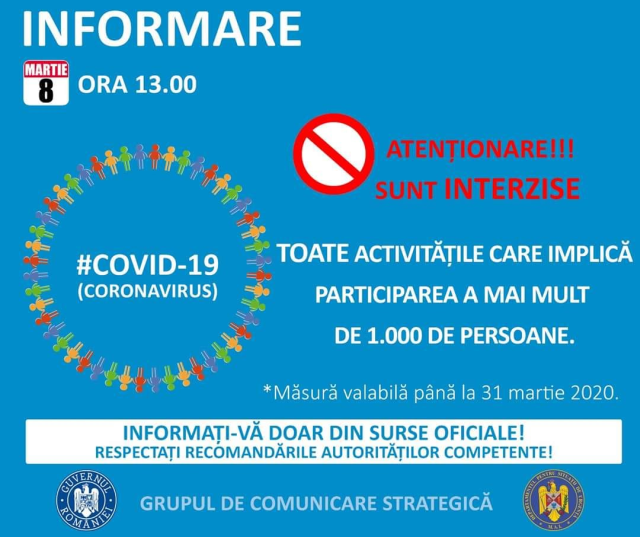 UPDATE2 România: Activităţile la care participă peste 1.000 de persoane, interzise