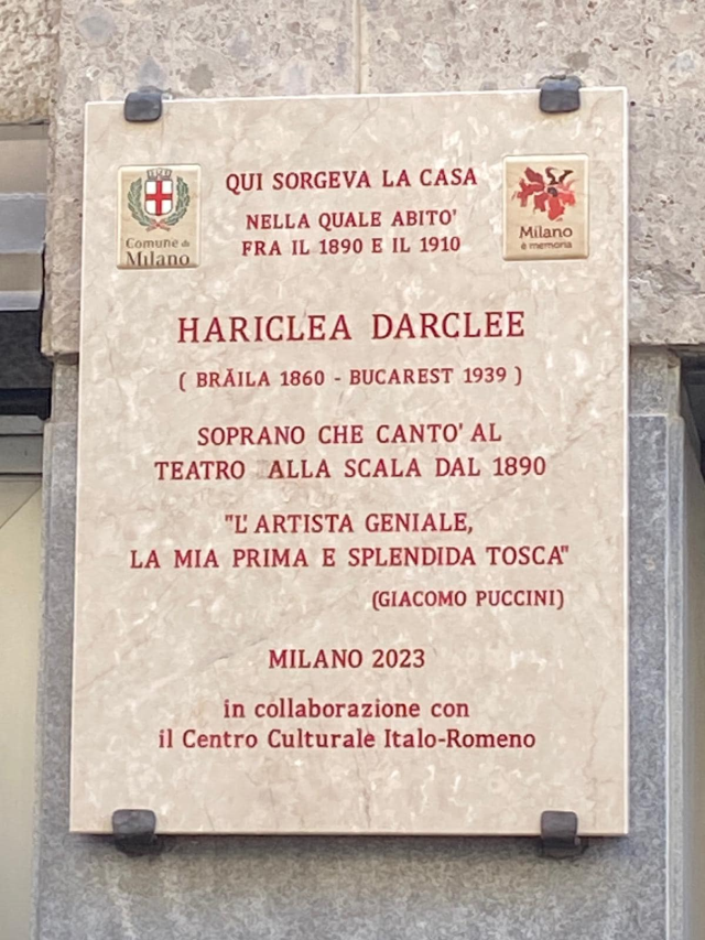 O placă memorială în onoarea marii soprane române Hariclea Darclée a fost inaugurată la Milano